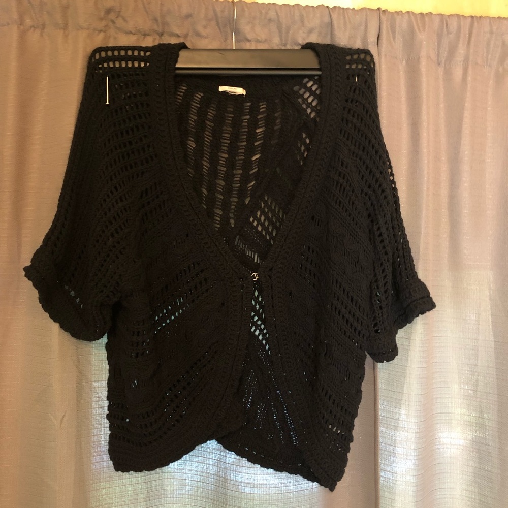Black Open Knit Cardigan with Front Clasp
